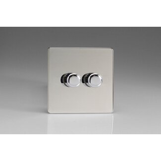 Varilight Screwless 2-Gang V-Pro Smart Master Non-WiFi Dimmer 2 x 100W LED (Multi-Way with up to 2 Supplementary Controllers) V-Pro Smart Polished Chrome Chrome Knobs