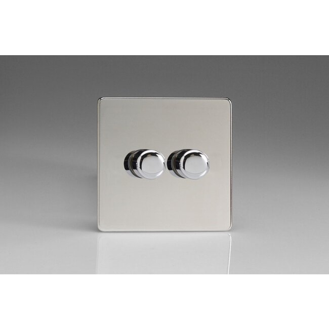 Varilight Screwless 2-Gang V-Pro Smart Master Non-WiFi Dimmer 2 x 100W LED (Multi-Way with up to 2 Supplementary Controllers) V-Pro Smart Polished Chrome Chrome Knobs