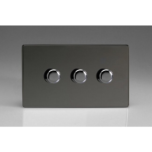 Varilight Screwless 3-Gang 2-Way Push-On/Off Rotary LED Dimmer 3 x 0-120W (1-10 LEDs) (Twin Plate) V-Pro Iridium Iridium Knobs