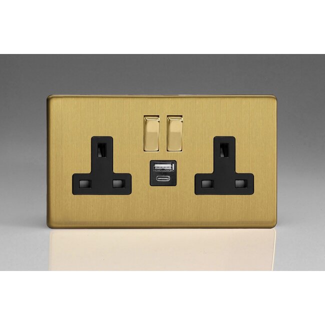 Varilight Screwless 2-Gang 13A Single Pole Switched Socket with 1x USB A & 1x USB C Charging Ports Black Brushed Brass Brass Rocker