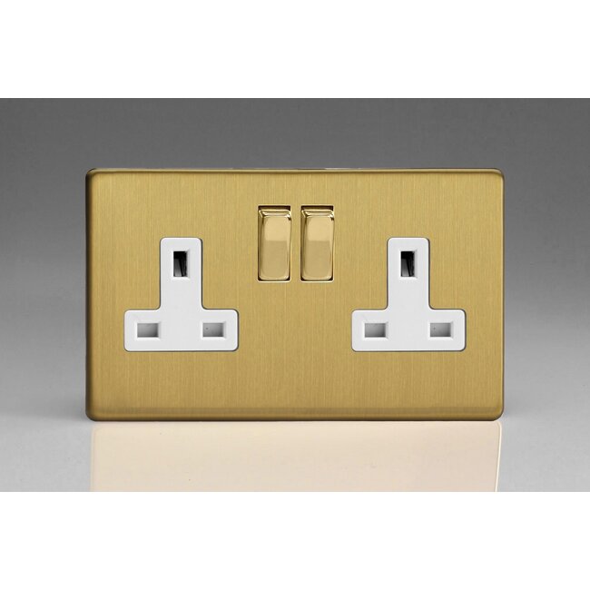 Varilight Screwless 2-Gang 13A Double Pole Switched Socket with Metal Rockers White Brushed Brass Brass/White Inserts