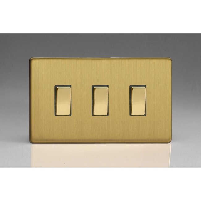 Varilight Screwless 3-Gang 10A 1- or 2-Way Rocker Switch (Twin Plate) Decorative Brushed Brass Brass Rockers