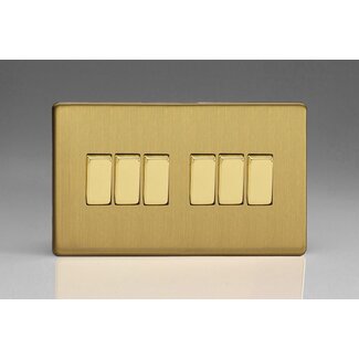 Varilight Screwless 6-Gang 10A 1- or 2-Way Rocker Switch (Twin Plate) Decorative Brushed Brass Brass Rockers