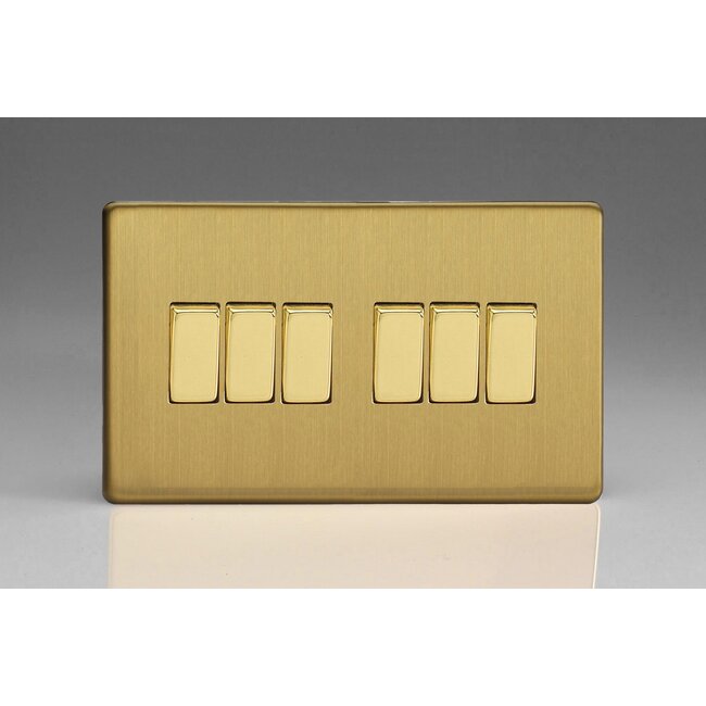 Varilight Screwless 6-Gang 10A 1- or 2-Way Rocker Switch (Twin Plate) Decorative Brushed Brass Brass Rockers