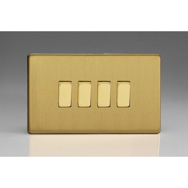 Varilight Screwless 4-Gang 10A 1- or 2-Way Rocker Switch (Twin Plate) Decorative Brushed Brass Brass Rockers