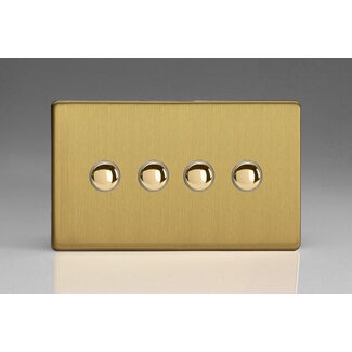 Varilight Screwless 4-Gang 6A 1-Way Push-to-Make Momentary Switch (Twin Plate) Decorative Brushed Brass Brass Buttons