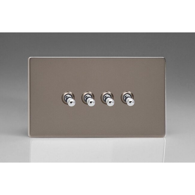 Varilight Screwless 4-Gang 10A 1- or 2-Way Toggle Switch (Twin Plate) Decorative Pewter Chrome Toggles