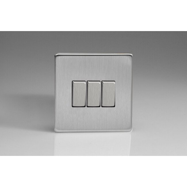 Varilight Screwless 3-Gang 10A 1- or 2-Way Rocker Switch Decorative Brushed Steel Steel Rockers