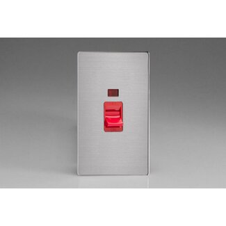 Varilight Screwless 45A Cooker Switch + Neon (Vertical Twin Plate, Red Rocker) Red Brushed Steel Red Insert