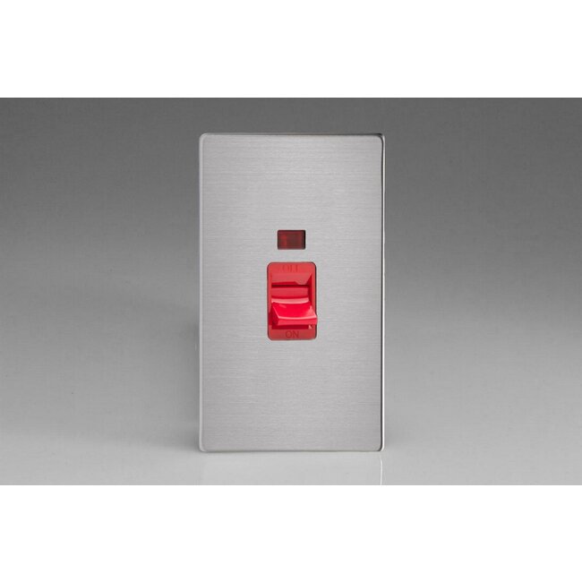 Varilight Screwless 45A Cooker Switch + Neon (Vertical Twin Plate, Red Rocker) Red Brushed Steel Red Insert
