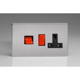 Varilight Screwless 45A Cooker Panel with 13A Double Pole Switched Socket Outlet (Red Rocker) Black Brushed Steel Black/Red Inserts