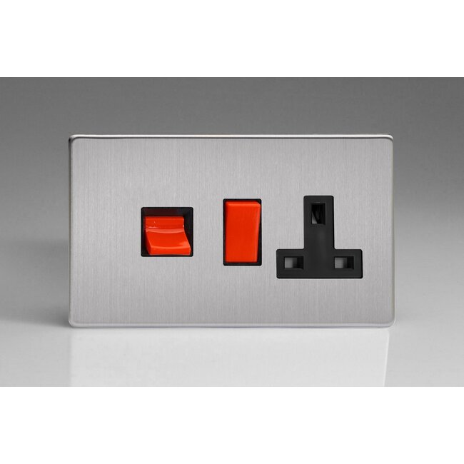 Varilight Screwless 45A Cooker Panel with 13A Double Pole Switched Socket Outlet (Red Rocker) Black Brushed Steel Black/Red Inserts