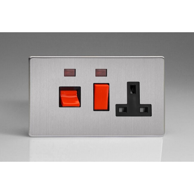 Varilight Screwless 45A Cooker Panel + Neon with 13A Double Pole Switched Socket Outlet (Red Rocker) Black Brushed Steel Black/Red Inserts
