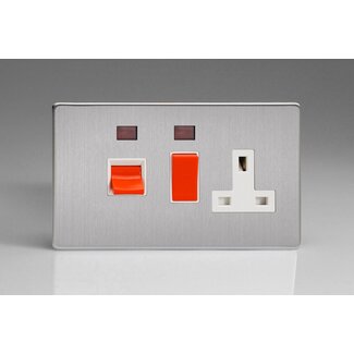 Varilight Screwless 45A Cooker Panel + Neon with 13A Double Pole Switched Socket Outlet (Red Rocker) White Brushed Steel White/Red Inserts