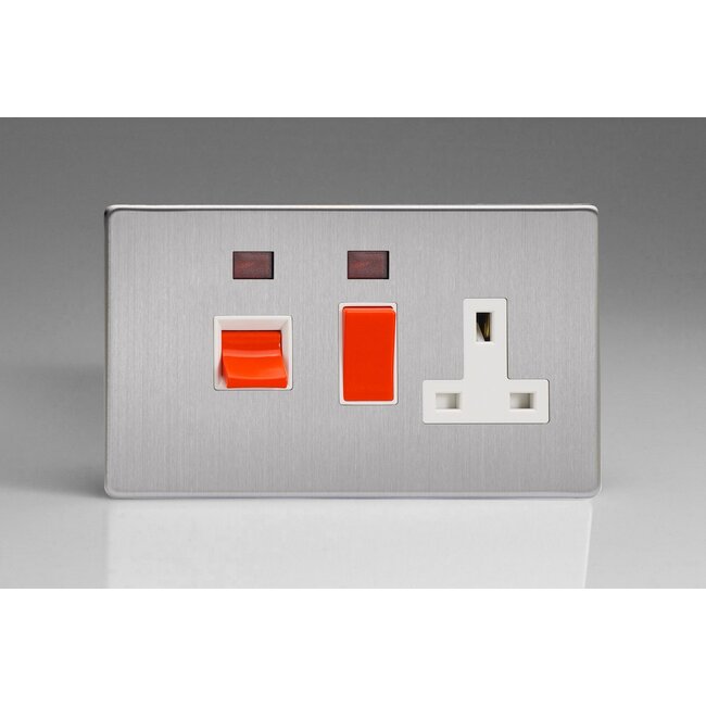 Varilight Screwless 45A Cooker Panel + Neon with 13A Double Pole Switched Socket Outlet (Red Rocker) White Brushed Steel White/Red Inserts