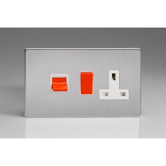 Varilight Screwless 45A Cooker Panel with 13A Double Pole Switched Socket Outlet (Red Rocker) White Brushed Steel White/Red Inserts