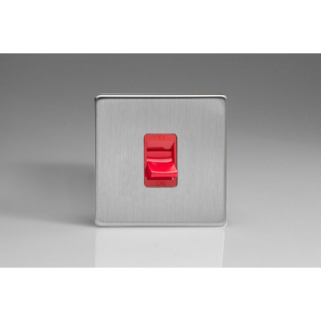 Varilight Screwless 45A Cooker Switch (Single Plate, Red Rocker) Red Brushed Steel Red Insert