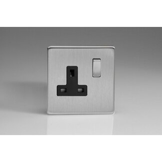 Varilight Screwless 1-Gang 13A Double Pole Switched Socket with Metal Rockers Black Brushed Steel Steel/Black Inserts