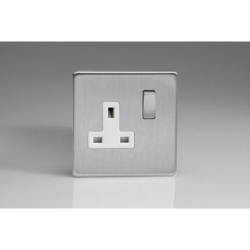 Varilight Screwless 1-Gang 13A Double Pole Switched Socket with Metal Rockers White Brushed Steel Steel/White Inserts