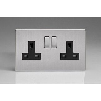 Varilight Screwless 2-Gang 13A Double Pole Switched Socket with Metal Rockers Black Brushed Steel Steel/Black Inserts