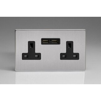 Varilight Screwless 2-Gang 13A Unswitched Socket + 2x5V DC 2100mA USB Charging Ports Black Brushed Steel Black Inserts