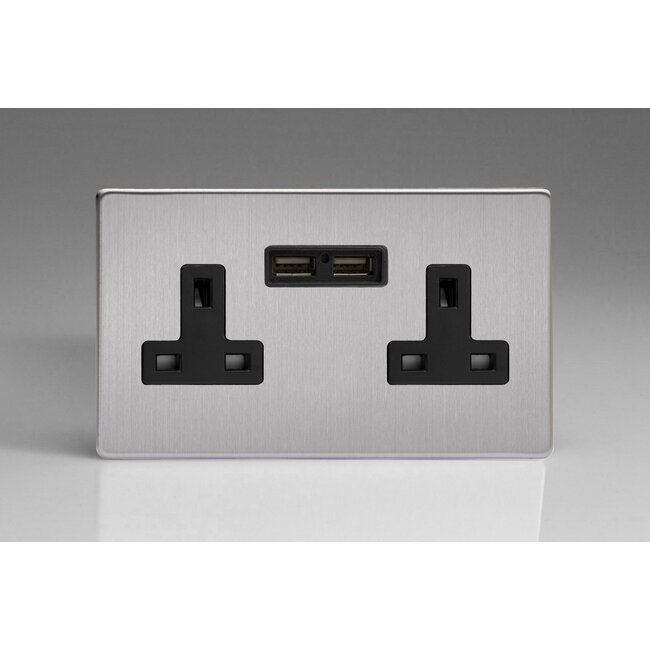 Varilight Screwless 2-Gang 13A Unswitched Socket + 2x5V DC 2100mA USB Charging Ports Black Brushed Steel Black Inserts
