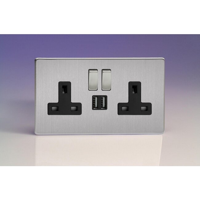 Varilight Screwless 2-Gang 13A Single Pole Switched Socket with Metal Rockers + 2x5V DC 2100mA USB Charging Ports  Black Brushed Steel Steel/Black Inserts