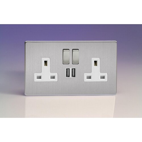 Varilight Screwless 2-Gang 13A Single Pole Switched Socket with Metal Rockers + 2x5V DC 2100mA USB Charging Ports White Brushed Steel Steel/White Inserts Varilight Screwless 2-Gang 13A Single Pole Switched Socket with Metal Rockers + 2x5V DC 2100mA USB Charging Ports White Brushed Steel Steel/White Inserts