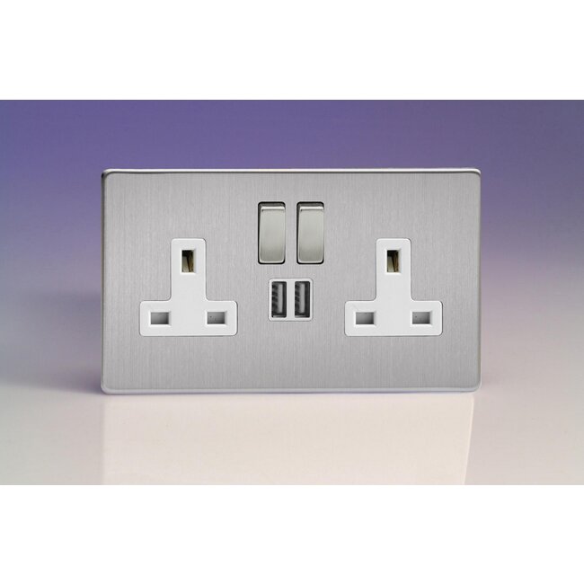 Varilight Screwless 2-Gang 13A Single Pole Switched Socket with Metal Rockers + 2x5V DC 2100mA USB Charging Ports  White Brushed Steel Steel/White Inserts