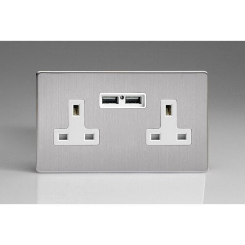Varilight Screwless 2-Gang 13A Unswitched Socket + 2x5V DC 2100mA USB Charging Ports White Brushed Steel White Inserts
