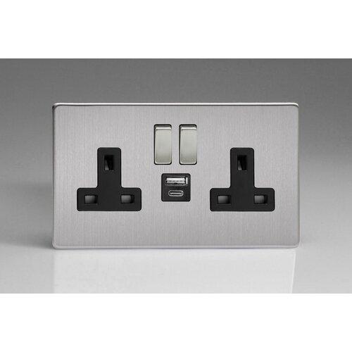 Varilight Screwless 2-Gang 13A Single Pole Switched Socket with 1x USB A & 1x USB C Charging Ports Black Brushed Steel Steel Rocker Varilight Screwless 2-Gang 13A Single Pole Switched Socket with 1x USB A & 1x USB C Charging Ports Black Brushed Steel Steel Rocker