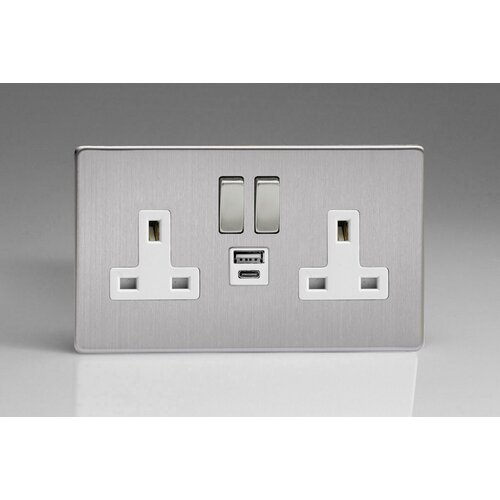 Varilight Screwless 2-Gang 13A Single Pole Switched Socket with 1x USB A & 1x USB C Charging Ports White Brushed Steel Steel Rocker Varilight Screwless 2-Gang 13A Single Pole Switched Socket with 1x USB A & 1x USB C Charging Ports White Brushed Steel Steel Rocker