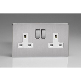 Varilight Screwless 2-Gang 13A Double Pole Switched Socket with Metal Rockers White Brushed Steel Steel/White Inserts