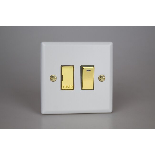 Varilight Vogue 13A Switched Fused Spur + Neon with Metal Inserts Decorative Matt White Polished Brass