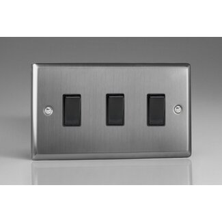 Varilight Classic 3-Gang 10A 1- or 2-Way Rocker Switch (Twin Plate) Black Brushed Steel Black Rockers