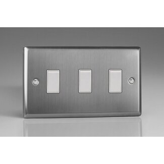Varilight Classic 3-Gang 10A 1- or 2-Way Rocker Switch (Twin Plate) White Brushed Steel White Rockers