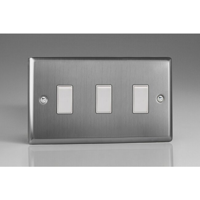 Varilight Classic 3-Gang 10A 1- or 2-Way Rocker Switch (Twin Plate) White Brushed Steel White Rockers