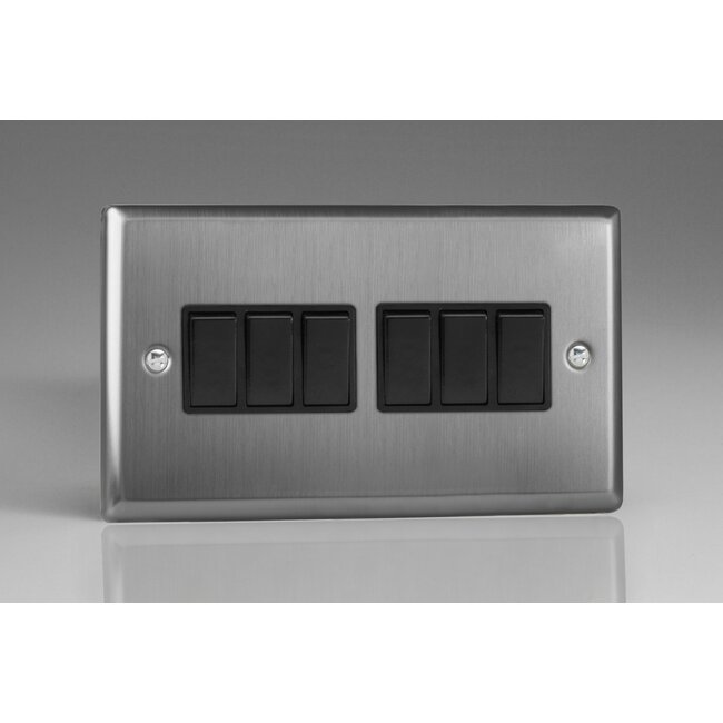 Varilight Classic 6-Gang 10A 1- or 2-Way Rocker Switch (Twin Plate) Black Brushed Steel Black Rockers