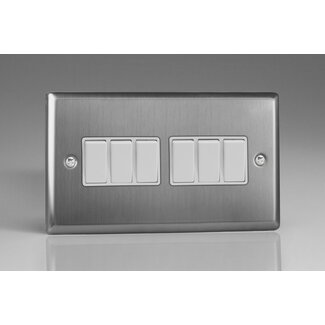 Varilight Classic 6-Gang 10A 1- or 2-Way Rocker Switch (Twin Plate) White Brushed Steel White Rockers