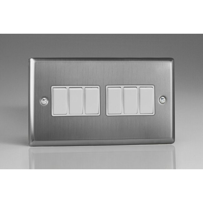 Varilight Classic 6-Gang 10A 1- or 2-Way Rocker Switch (Twin Plate) White Brushed Steel White Rockers
