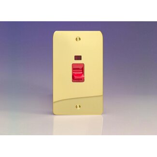 Varilight Ultraflat 45A Cooker Switch + Neon (Vertical Twin Plate, Red Rocker) Red Polished Brass Red Insert