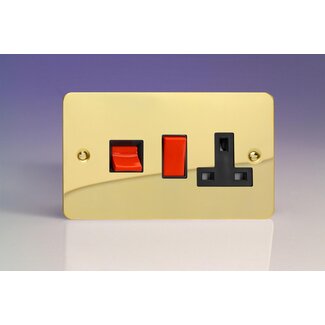 Varilight Ultraflat 45A Cooker Panel with 13A Double Pole Switched Socket Outlet (Red Rocker) Black Polished Brass Black/Red Inserts