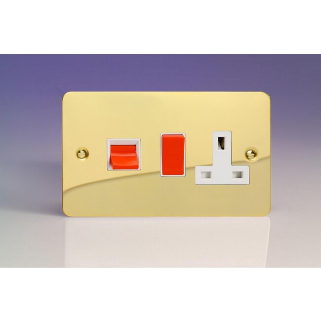 Varilight Ultraflat 45A Cooker Panel with 13A Double Pole Switched Socket Outlet (Red Rocker) White Polished Brass White/Red Inserts