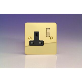 Varilight Ultraflat 1-Gang 13A Double Pole Switched Socket with Metal Rockers Black Polished Brass Brass/Black Inserts