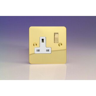 Varilight Ultraflat 1-Gang 13A Double Pole Switched Socket with Metal Rockers White Polished Brass Brass/White Inserts