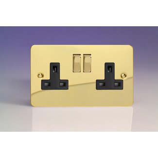 Varilight Ultraflat 2-Gang 13A Double Pole Switched Socket with Metal Rockers Black Polished Brass Brass/Black Inserts