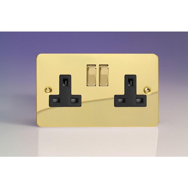 Varilight Ultraflat 2-Gang 13A Double Pole Switched Socket with Metal Rockers Black Polished Brass Brass/Black Inserts