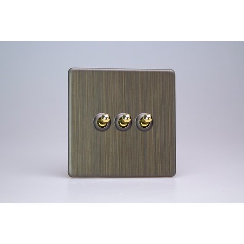 Varilight Urban Screwless 3-Gang 10A 1- or 2-Way Toggle Switch Brass Antique Brass Brass Varilight Urban Screwless 3-Gang 10A 1- or 2-Way Toggle Switch Brass Antique Brass Brass