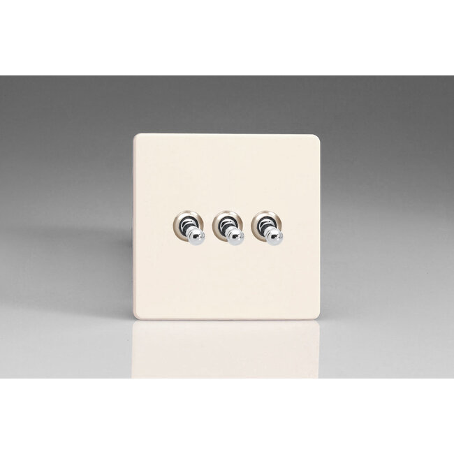 Varilight Screwless 3-Gang 10A 1- or 2-Way Toggle Switch Decorative Primed Chrome Toggles