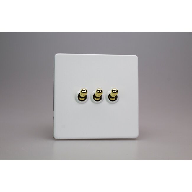 Varilight Screwless 3-Gang 10A 1- or 2-Way Toggle Switch Decorative Primed Brass Toggles